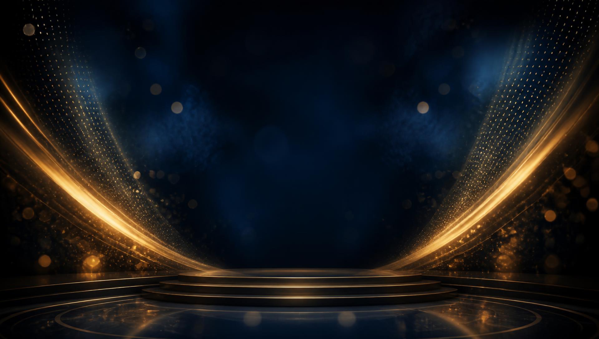 Golden light rays sweeping across an awards ceremony stage